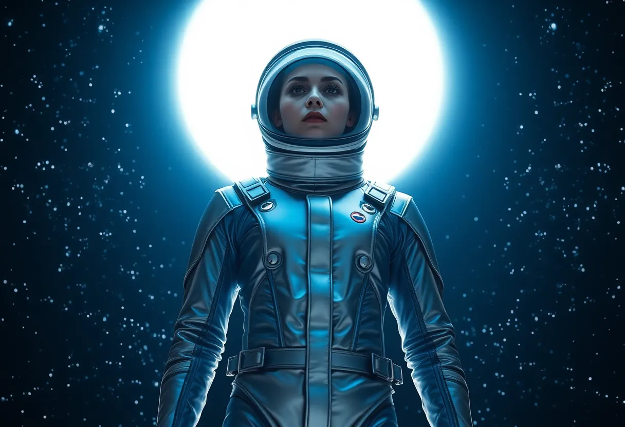 Futuristic Space Suit Model Against Stars