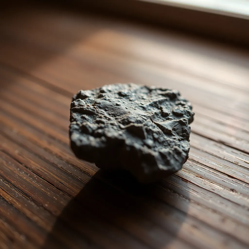 Close-Up of a Meteorite Fragment on Wood