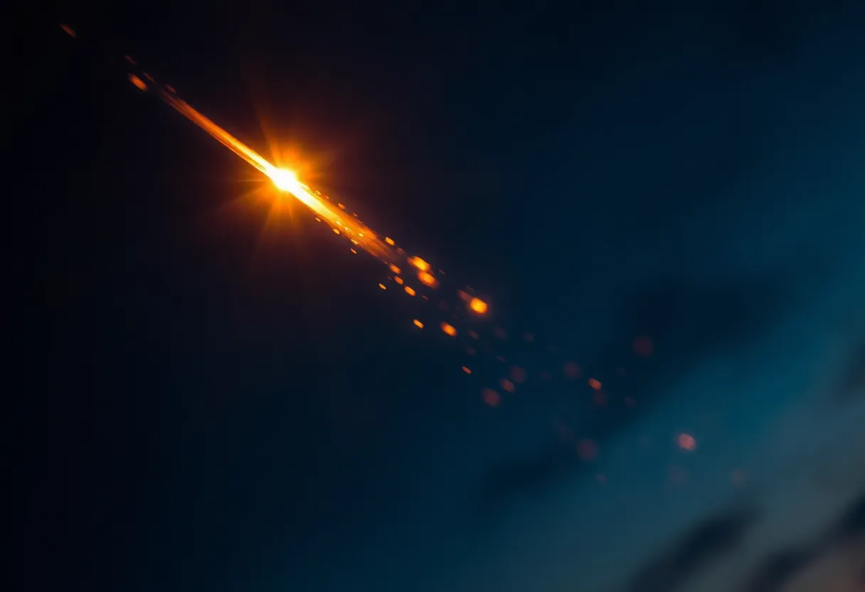 Meteor Entering Earth's Atmosphere A thrilling close-up of a meteor streaking into Earth's atmosphere, captured with incredible detail. The image showcases fiery trails and glowing embers against a dark evening sky, creating a dramatic and dynamic scene. With warm orange and red hues contrasting the deep blue-black of the night, the photograph evokes a sense of excitement and awe. A shallow depth of field emphasizes the meteor's brilliance, drawing the viewer's attention to this celestial phenomenon.