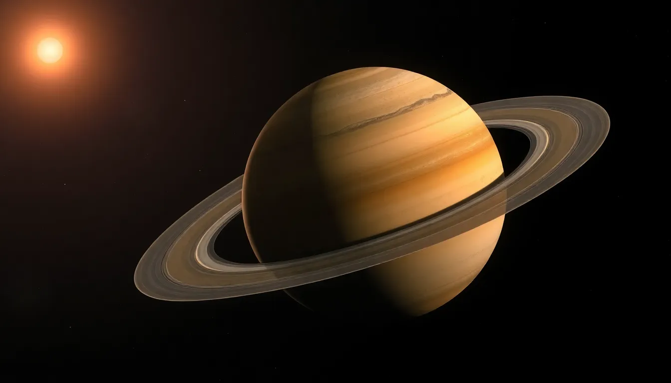 Majestic Saturn with Its Stunning Rings A breathtaking image of Saturn, beautifully captured against the expanse of deep space, showcasing its iconic rings illuminated by sunlight. The serene golden and icy hues create a striking contrast against the dark background, enhancing Saturn's majestic presence. With a selective focus, the rings are highlighted while the background melts away into a soft bokeh, adding depth to the composition. This image perfectly encapsulates the allure and grandeur of our solar system's gas giants.