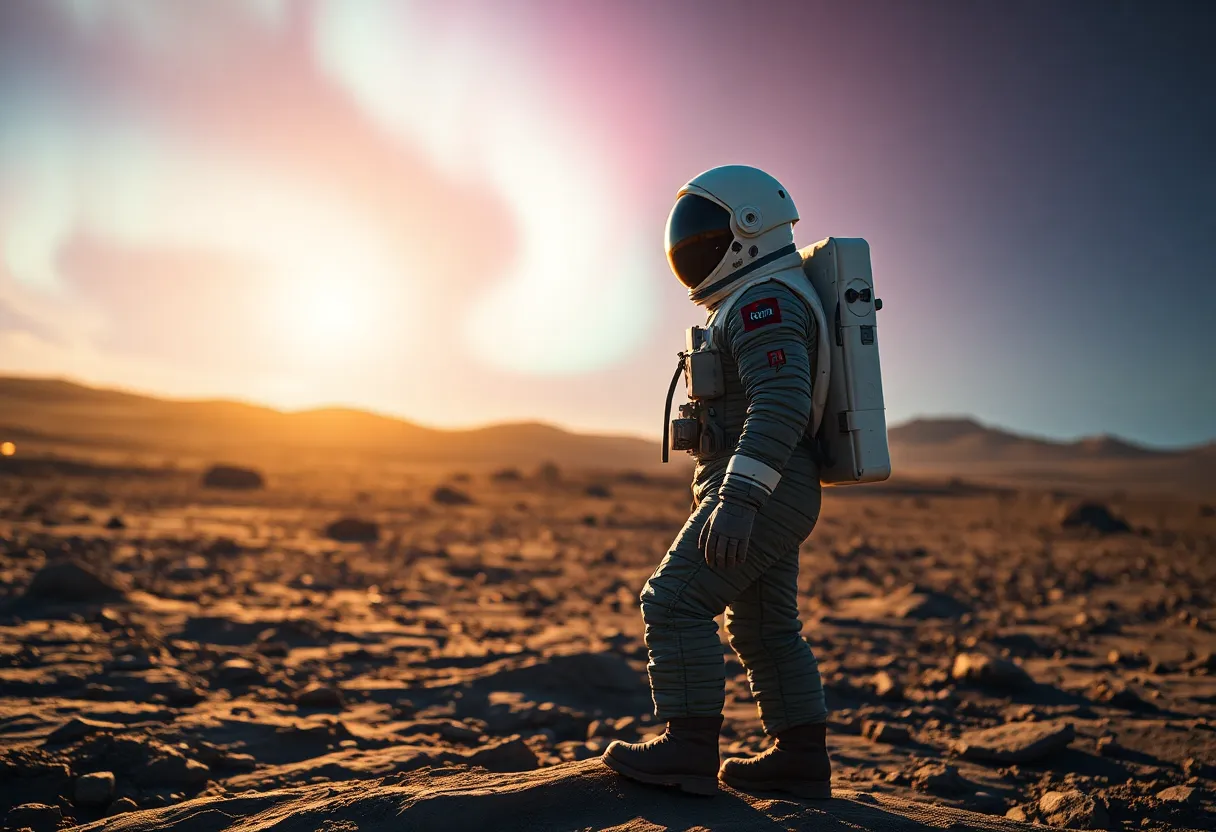 Astronaut Exploring Alien Landscape In this captivating image, an astronaut stands on the jagged surface of an alien planet, clad in a rugged space suit. The distant sun casts dramatic shadows, while ethereal auroras swirl in the twilight sky, adding a mesmerizing glow to the scene. The astronaut, sharply in focus, embodies the spirit of exploration, while the landscape softly blurs, emphasizing the vastness of space. This artwork vividly portrays the allure of discovering new worlds, inviting viewers to imagine the possibilities of interstellar exploration.