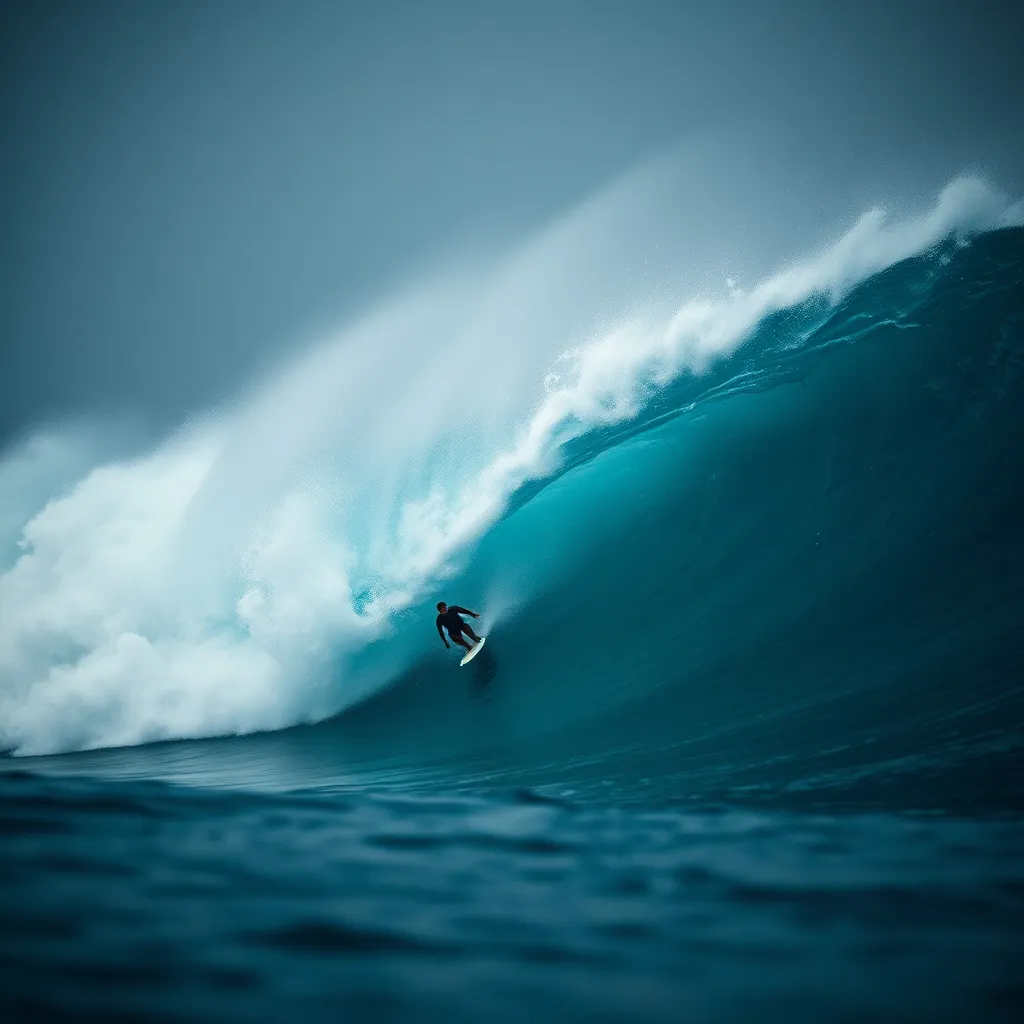 Surfer Riding Colossal Wave in Dramatic Light