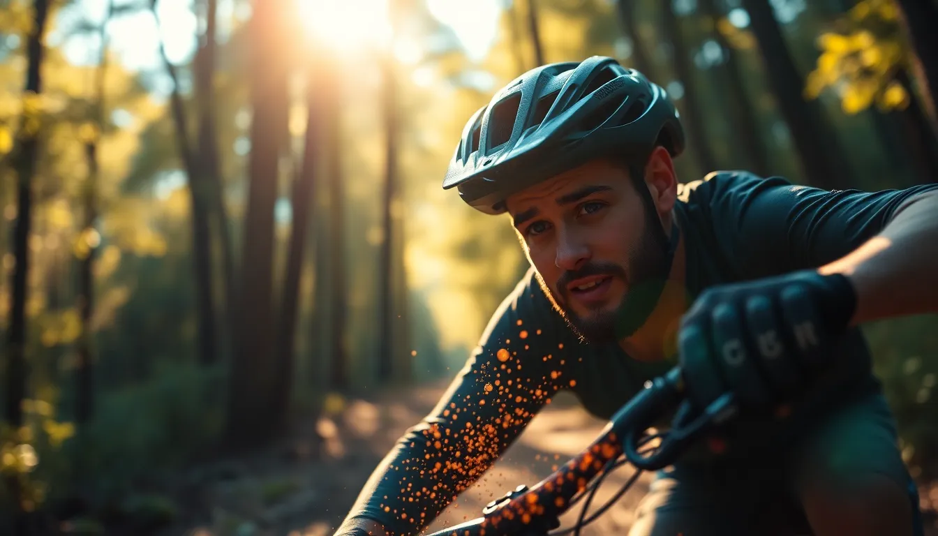 Mountain Biker Racing Through Forest