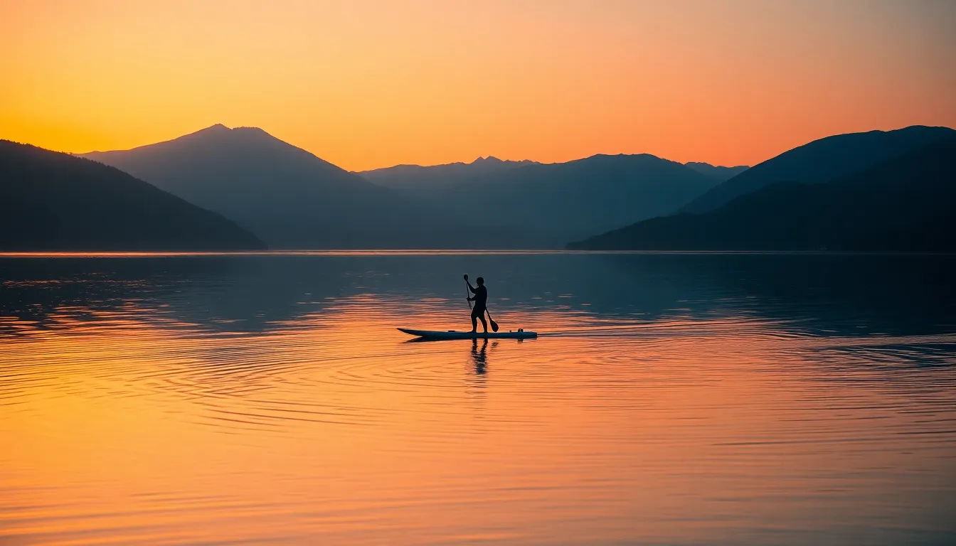 Paddleboarder at Sunset on Calm Lake