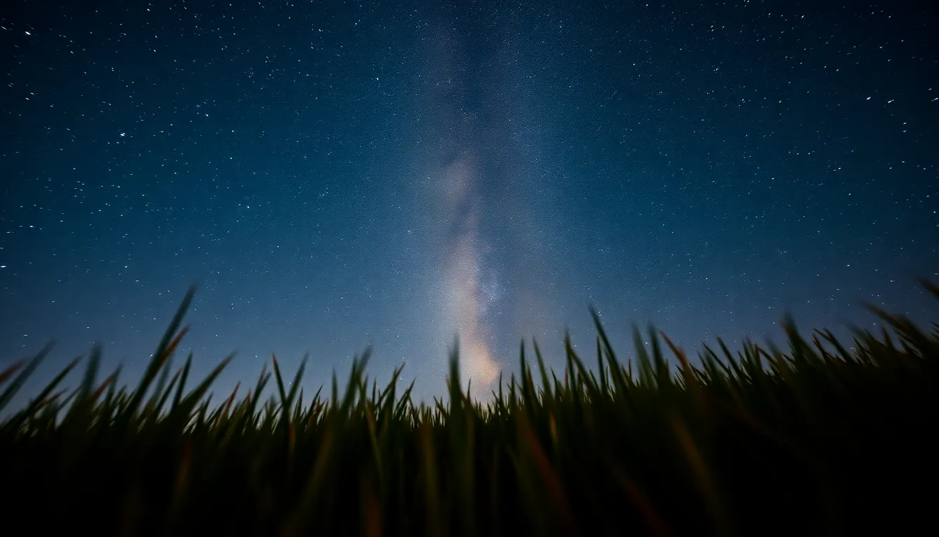 This stunning night sky photograph captures the breathtaking expanse of the Milky Way arching across a clear night. With a rich palette of deep blues and purples, the stars sparkle against the backdrop of a tranquil meadow. Gentle moonlight enhances the serene atmosphere, while the foreground grass adds texture. The leading lines draw the viewer into the celestial scene, inviting a sense of wonder and exploration.