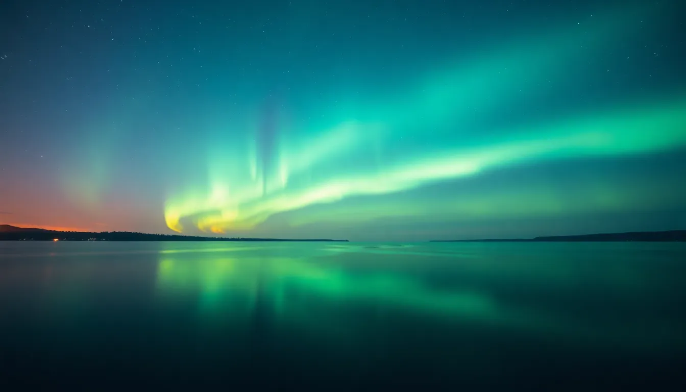 Aurora Borealis Reflected in Calm Lake This stunning image captures the magical display of the aurora borealis dancing across the night sky, reflected perfectly in a tranquil lake below. The overcast daylight softens the vibrant colors, creating a serene atmosphere. Rich blues and greens dominate the color palette, inviting viewers into the ethereal scene. The composition's mirror effect enhances the beauty, making the viewer feel as if they are part of the experience.