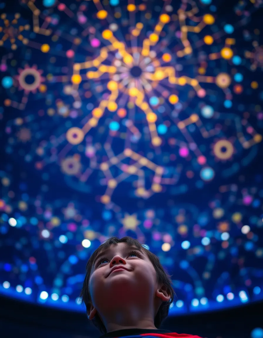 An enchanting moment captured in a planetarium, where a child gazes up in awe at a vibrant ceiling adorned with twinkling constellations. Colorful LED lights create an immersive atmosphere, illuminating the stars in vivid blues, yellows, and pinks. With a shallow depth of field, this photograph highlights the child's expression of wonder, making the scene both impactful and magical as it draws the viewer’s eye upward to the grandeur of the night sky.