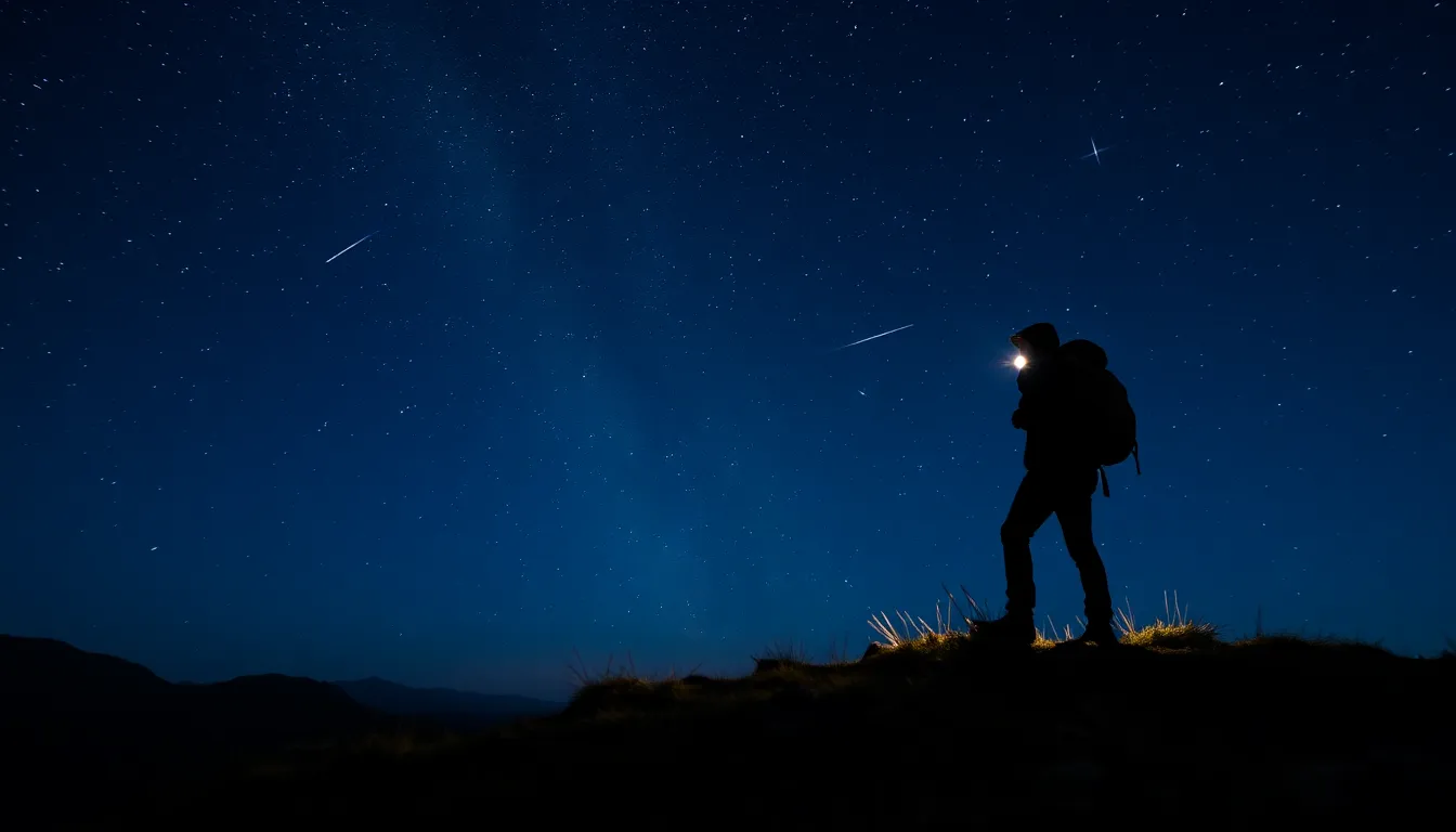 A breathtaking view of the Milky Way stretching across a clear night sky, captured from a mountain peak. In the foreground, a hiker stands silhouetted against the vast cosmos, illuminated by their headlamp. The scene is enriched with vibrant deep blues and purples, emphasizing the twinkling stars and a shooting star. This striking composition is framed perfectly to draw the viewer's eye up toward the celestial wonder.