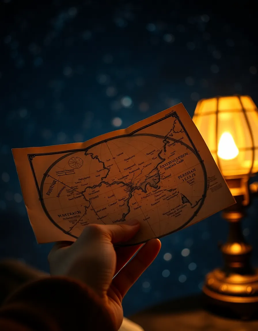This captivating photograph features a detailed star map held in hand, set against a beautifully starry night sky. The warm glow from a vintage lamp casts a nostalgic ambiance, enhancing the texture of the map's paper. The shallow depth of field draws focus to the intricate illustrations while the background melts into a dreamy bokeh of twinkling stars. The composition effectively utilizes the rule of thirds, making this image a perfect blend of astronomy and art.