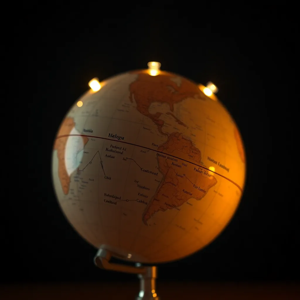 This captivating macro photograph showcases an illuminated globe featuring beautiful constellations against a dark background. The gentle warm lighting highlights intricate details of the stars, casting a golden glow across the globe's surface. With a shallow depth of field that isolates the subject, the image invites viewers to explore the universe. The texture of the globe enhances the overall depth and richness, making this photograph a striking representation of cosmic exploration.