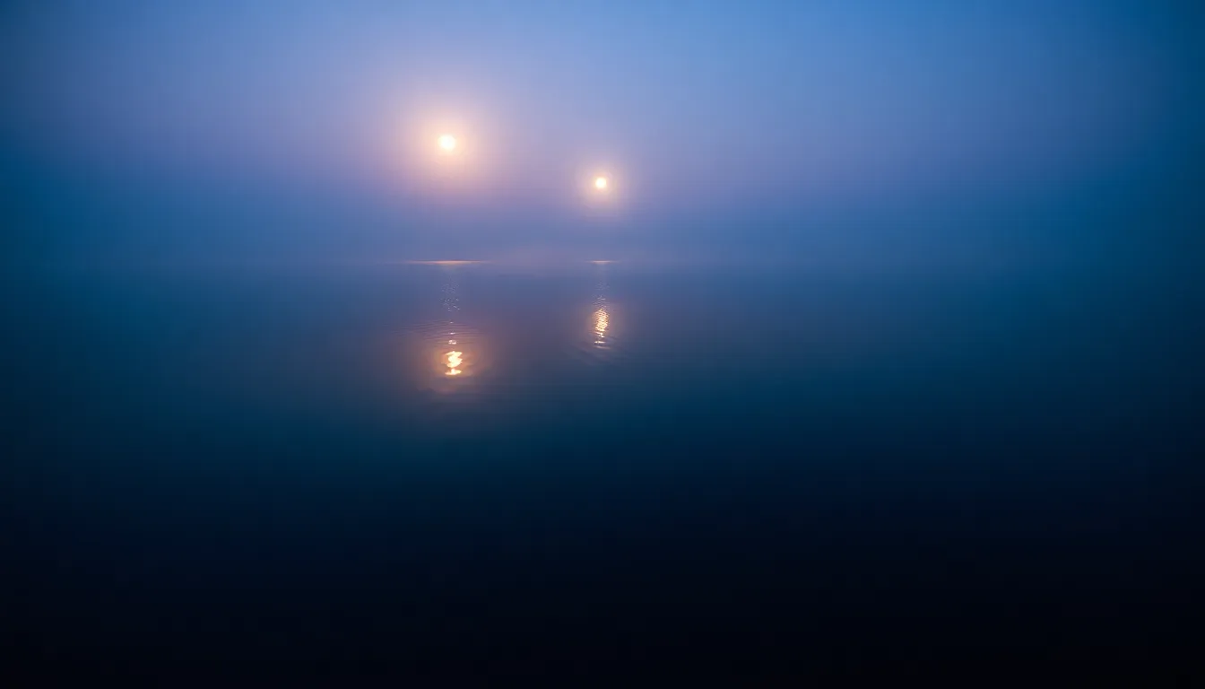 This enchanting photograph captures the serene beauty of a celestial body rising over a calm lake, its glow reflected on the water's surface. The twilight setting bathes the scene in calming violets and blues, creating a tranquil atmosphere. With a hyperfocal depth of field, both the stars and their reflections are vividly sharp, enhancing the sense of peace. The symmetrical composition emphasizes the harmony between sky and water, inviting viewers into this dreamy celestial landscape.