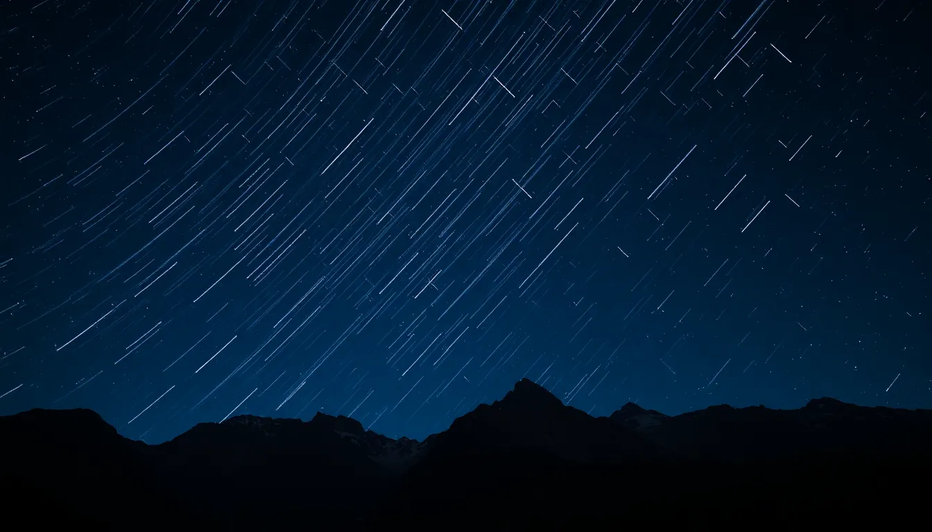 This breathtaking time-lapse photograph captures a meteor shower streaking across a star-filled sky above rugged mountain peaks. The dark blues of the night sky serve as a dramatic backdrop to the brilliant white trails of meteors, creating a stunning contrast. The hyperfocal depth of field ensures both the mountains and the celestial display are in sharp focus, drawing viewers into the vastness of the scene. This composition highlights the beauty of nature and the cosmos, inviting a sense of wonder and exploration.