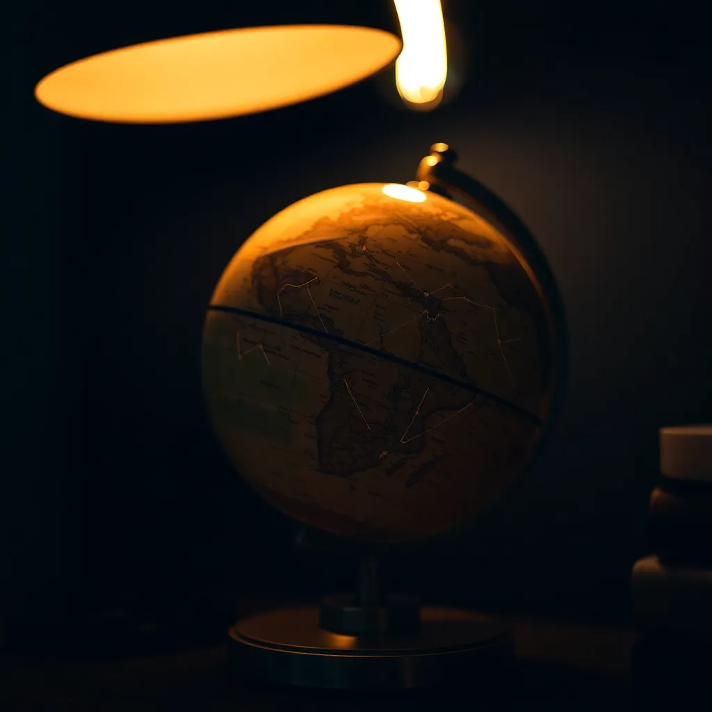 A captivating close-up shot of a beautifully crafted celestial globe displaying intricate constellation details against a dark, softly lit background. The warm light from a tungsten desk lamp accentuates the globe's textured surface, creating depth and division among the constellations. With its rich gold and navy blue hues, the globe becomes a mesmerizing focal point, perfectly centered to draw the viewer’s eye into its celestial wonders.