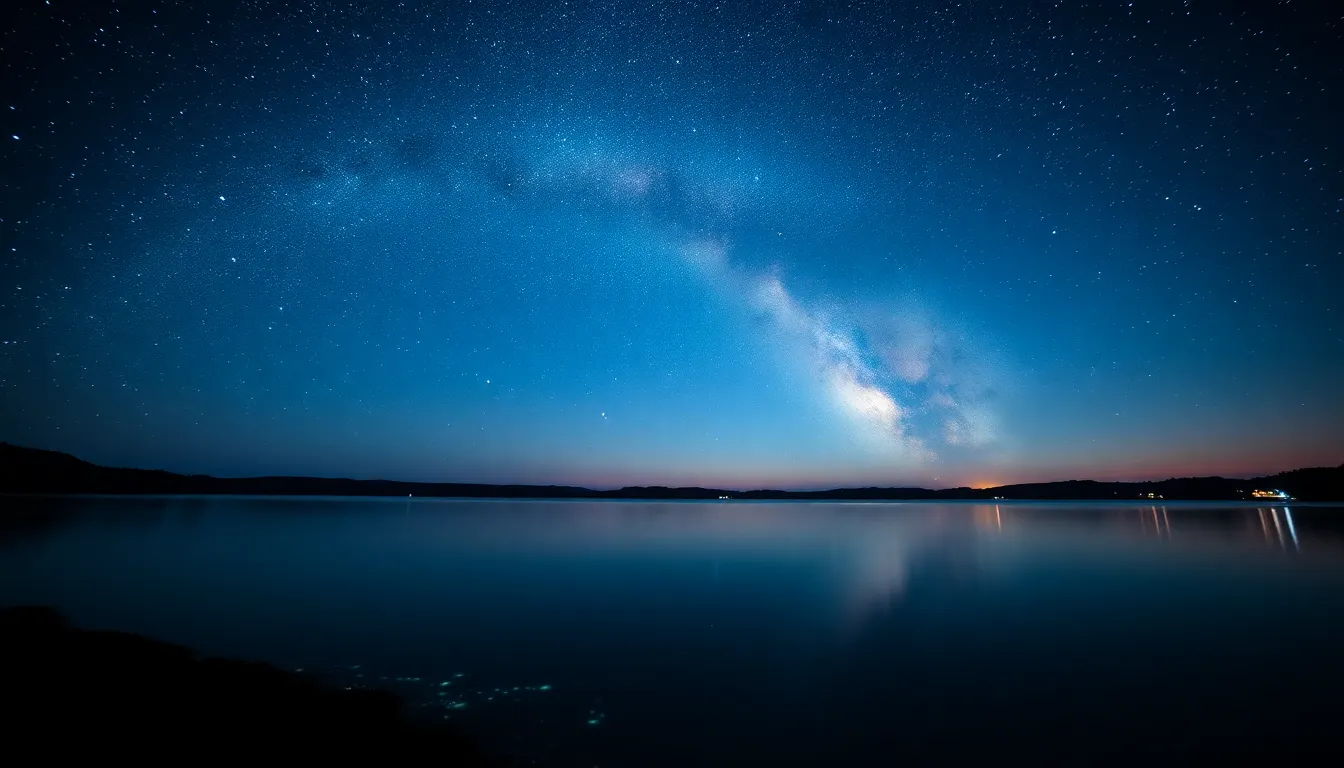 Milky Way Over Serene Lake This breathtaking image captures the Milky Way stretching majestically over a tranquil lake at dusk. Vivid stars punctuate the deep blue sky, creating a stunning contrast with the soft reflections on the water's surface. Bioluminescent algae near the shore add an ethereal glow, enhancing the magical atmosphere. The composition follows the rule of thirds, emphasizing the vastness of the night sky and inviting viewers to immerse in the celestial wonder.