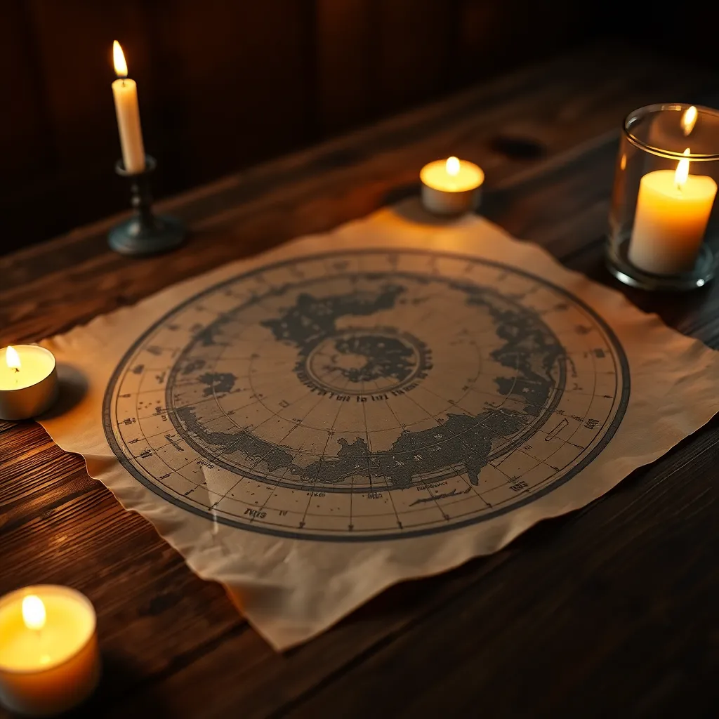 This intimate still-life photograph features a detailed star chart illuminated by soft candlelight on a rustic wooden table. The warm amber tones of the candlelight enhance the earthy textures of the wood and parchment, inviting viewers into the world of astronomy. The shallow depth of field beautifully isolates the star chart, while the warm shadows create a cozy ambiance. The image captures the intricate details of the stars and constellations, inspiring curiosity about the night sky.