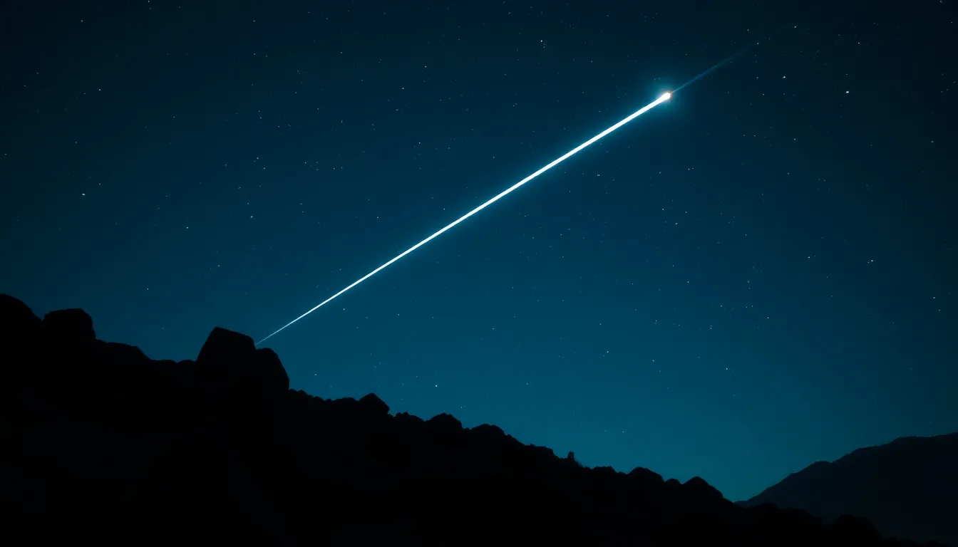 Shooting Star in Clear Night Sky Capture the exhilarating moment of a shooting star streaking through a clear night sky. The image portrays a deep navy backdrop illuminated by the soft glow of the moon reflecting off rocky terrain. A shallow depth of field enhances the focus on the shooting star while creating a dreamy bokeh of distant stars. The vibrant color palette highlights sparkling whites and a hint of green from the Milky Way, all framed by textured rocky surfaces in the foreground.