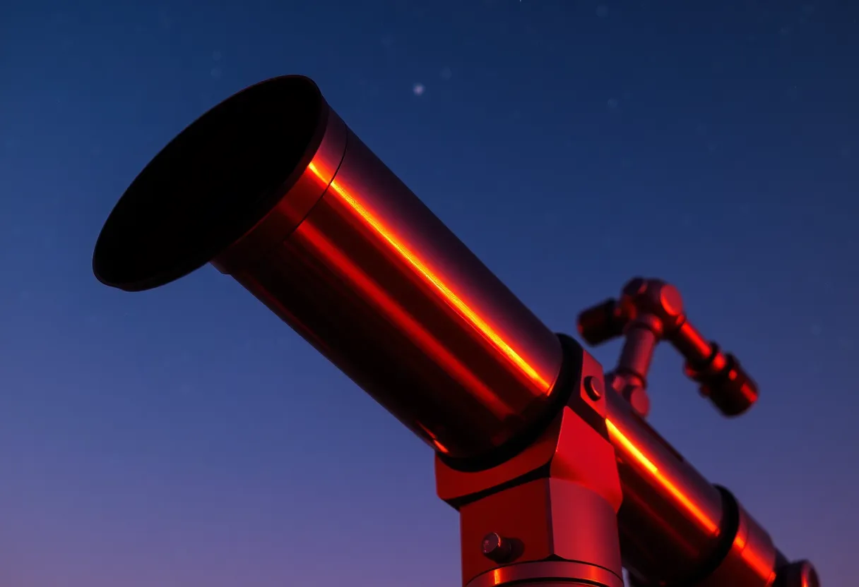 A mesmerizing close-up of a telescope aimed at the twinkling stars during twilight, showcasing the reflection of the warm sunset colors on its metallic surface. The rich oranges and purples of dusk blend beautifully with the deepening blues of the night sky, creating a magical atmosphere. Shot with a shallow depth of field, the telescope stands out against a soft bokeh of distant stars, encouraging a sense of wonder and exploration in the cosmos.