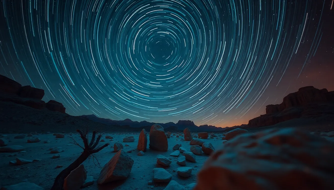 Star Trails Over Desert Landscape