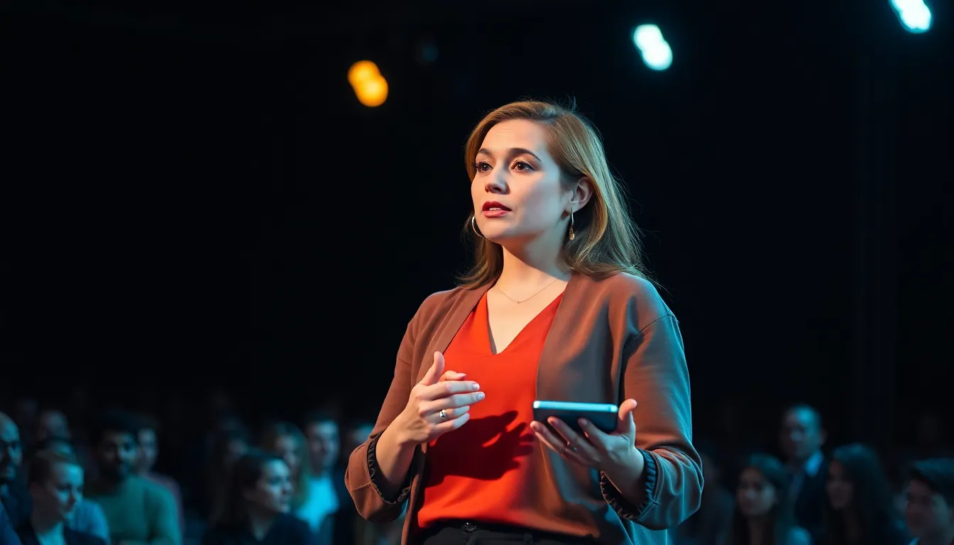 This photo vividly portrays a female entrepreneur delivering an impactful startup pitch under the stage lights. The dramatic spotlighting against a dark background emphasizes her confidence and determination, while her tech prototype showcases innovation. The carefully constructed depth of field draws the viewer's focus to her expression and the product, creating an engaging composition. The cinematic color grading adds to the inspiring atmosphere of the event.