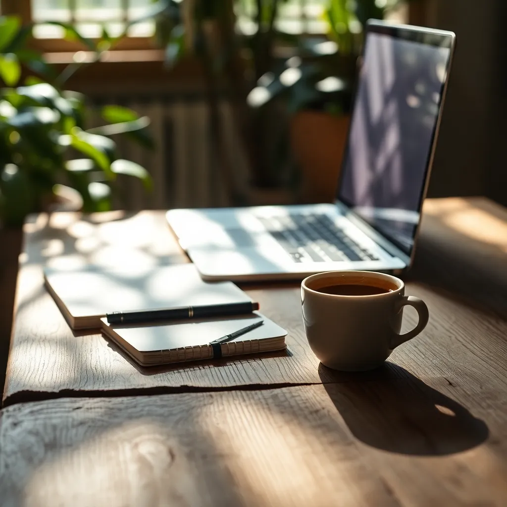 This close-up image captures the essence of a creative workspace, featuring a laptop, a notebook, and a steaming cup of coffee arranged on a rustic oak table. The soft sunlight filtering through foliage creates a tranquil atmosphere, perfect for inspiration. The textures of the wood and ceramics add depth, while the muted colors enhance the feeling of a productive environment. This scene embodies the spirit of innovation and creativity associated with startups.