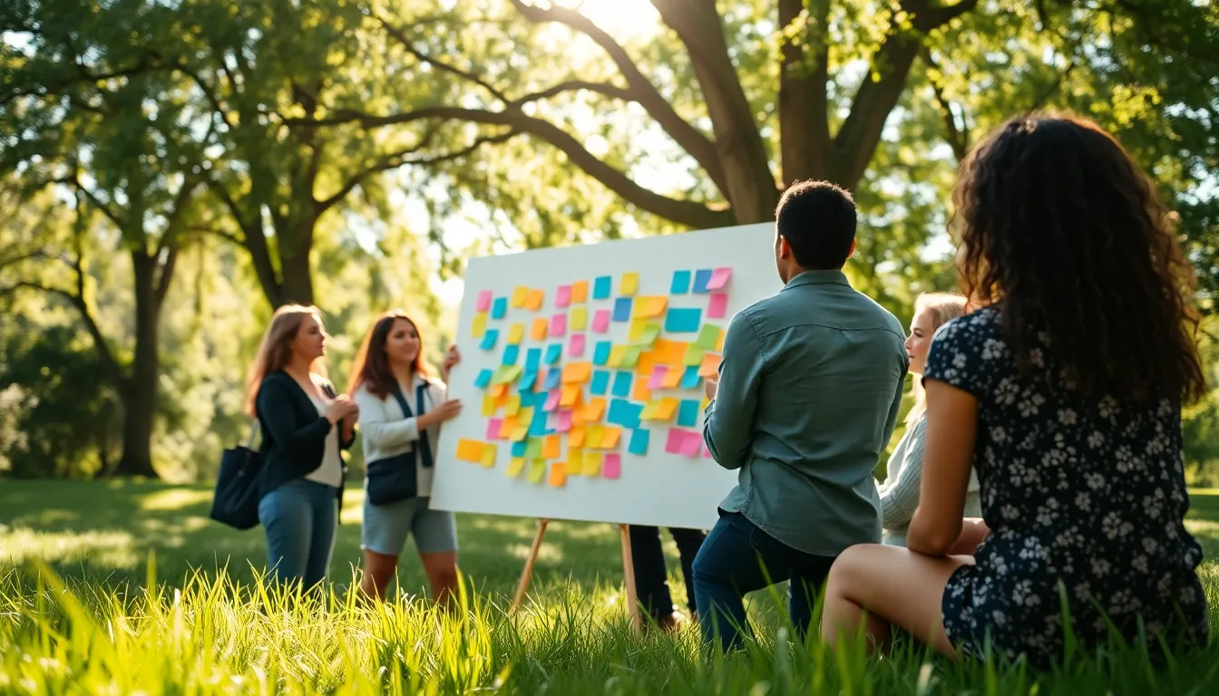 Teamwork Exercise in Nature This vibrant outdoor image captures a diverse group of individuals engaged in a teamwork exercise, surrounded by nature. Dappled sunlight filters through the trees, casting playful shadows while highlighting their focused collaboration on a poster board filled with colorful sticky notes. The saturated greens of the environment provide a refreshing backdrop, and the hyperfocal depth of field ensures all details are sharp. Ultimately, the scene conveys the joy of teamwork and creativity in an uplifting natural setting.