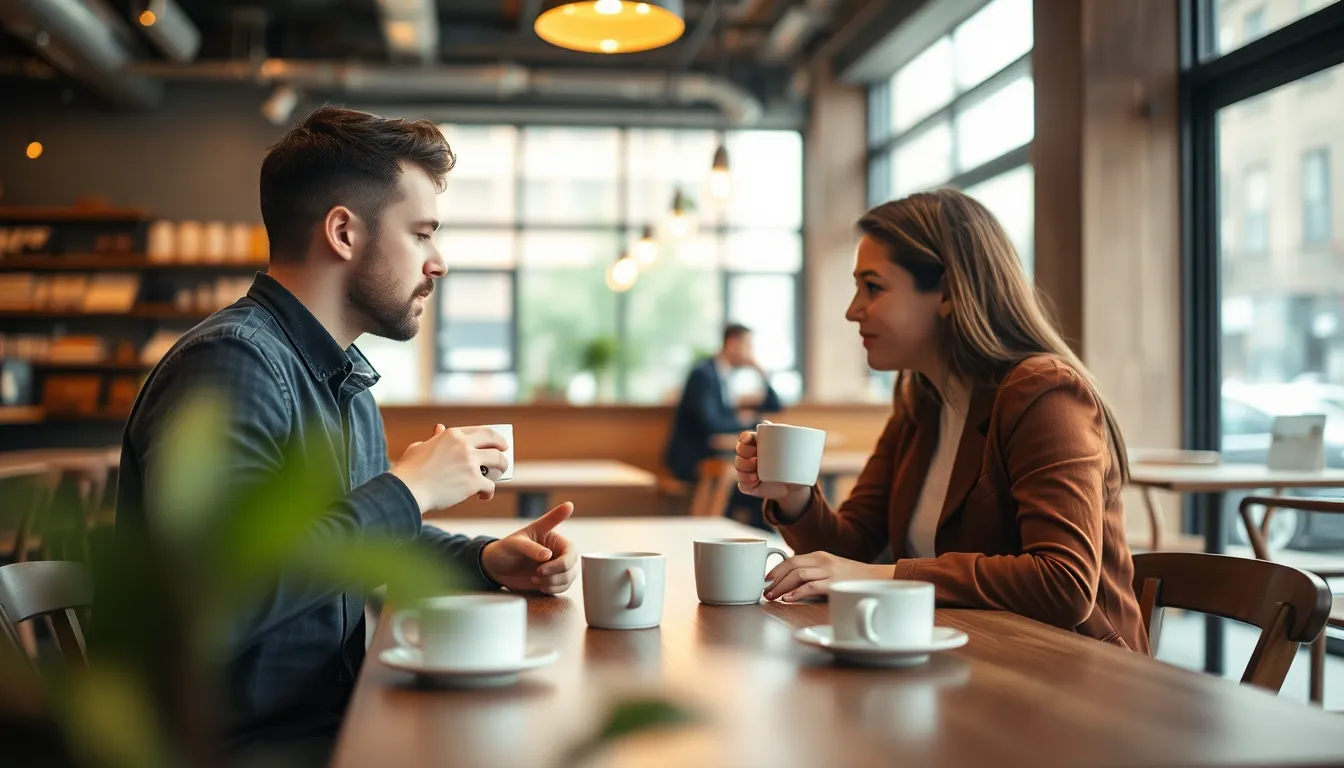 Two young professionals are engaged in a spirited discussion over coffee in a modern urban coffee shop. Soft, diffused daylight creates a serene atmosphere, enhanced by the natural muted color tones. The shallow depth of field beautifully isolates the subjects, allowing the coffee shop's cozy interior to softly blend into the background. Leading lines from the furnishings guide the viewer's gaze towards the engaged professionals, while the textures of wood and ceramic enrich the image.