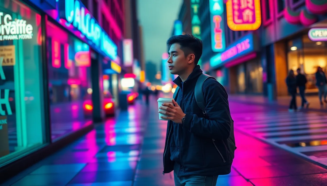 Entrepreneur Walking Through Neon City at Night