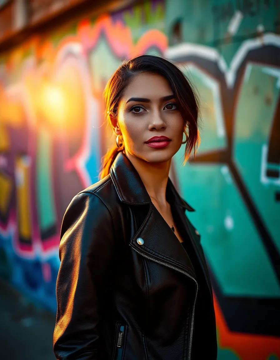 This striking portrait captures a confident young entrepreneur posing against a colorful graffiti wall during golden hour. The warm light creates a radiant halo around her, enhancing her determined expression. The vibrant colors and textures of the graffiti juxtapose her leather jacket, symbolizing the dynamic energy of urban startups. The composition and soft focus direct the viewer's attention to her face, embodying ambition and creativity.