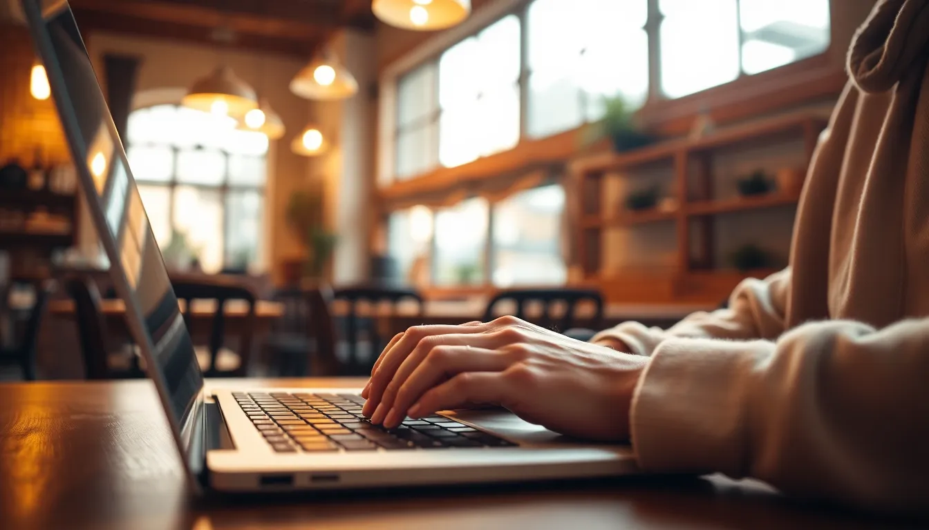 Entrepreneur Working on Laptop in Cozy Coffee Shop A close-up scene captures a young entrepreneur's hands actively typing on a laptop in a warm and inviting coffee shop. Soft light from overhead pendant lights and natural daylight filters through windows, creating a cozy atmosphere. The image's shallow depth of field blurs the background into a creamy bokeh, drawing attention to the focused act of creation. With a color palette of warm browns and pastel tones, this image embodies the dynamic and creative spirit of modern entrepreneurship in an inspiring setting.