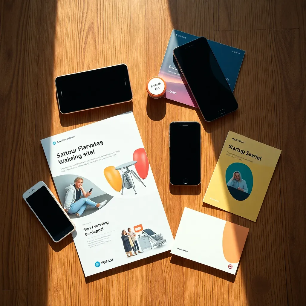 This vibrant flat lay image displays an assortment of startup marketing materials, including brochures and digital devices, arranged artfully on a textured wooden tabletop. The soft daylight enhances the natural colors, creating an inviting atmosphere. Each element is carefully positioned, demonstrating the startup's branding and creativity. The close-up perspective highlights the tactile quality of the materials, making it a perfect representation of the startup's marketing effort.