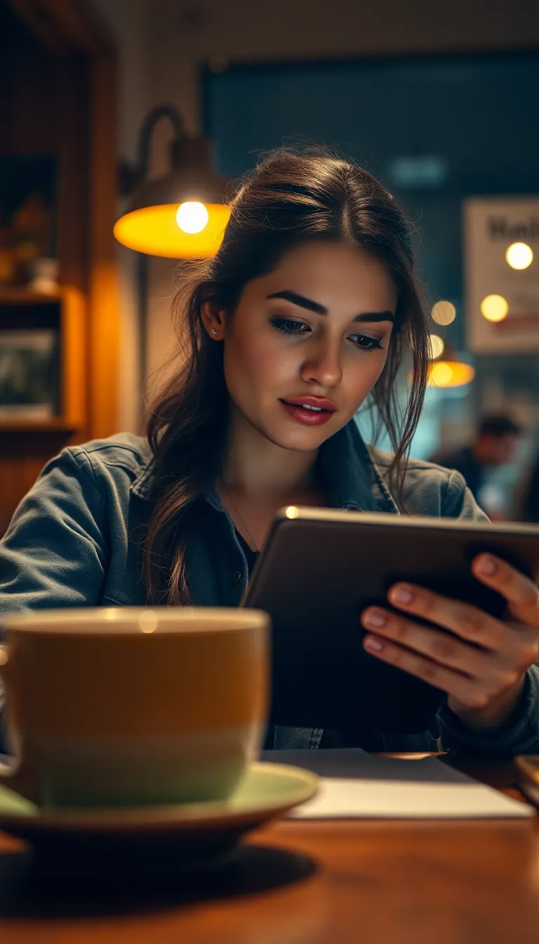 This intimate close-up image shows a woman immersed in her work at a café. The warm lighting creates a cozy atmosphere, enhancing the relaxed yet focused mood. Her casual attire and thoughtful expression reflect the modern entrepreneurial lifestyle. The blurred coffee cup in the foreground adds context and depth, drawing viewers into her world as she navigates her tasks with creativity and concentration.
