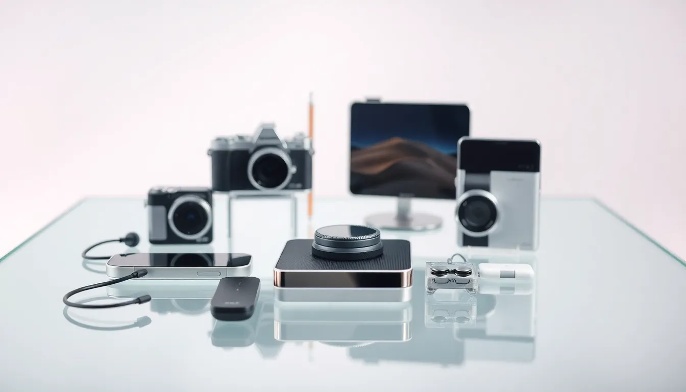 Sleek Tech Gadgets Display on Glass Table An elegant arrangement of modern tech gadgets is showcased on a sleek glass table, beautifully lit by soft studio and backlighting that enhances their features. The image captures the fine details of the products, with a shallow depth of field emphasizing their sophisticated design. The minimalist color palette of silvers, blacks, and whites reflects contemporary aesthetics, contributing to a clean and polished look. This image encapsulates the allure of innovation and design elegance, perfect for any start-up showcasing its products.