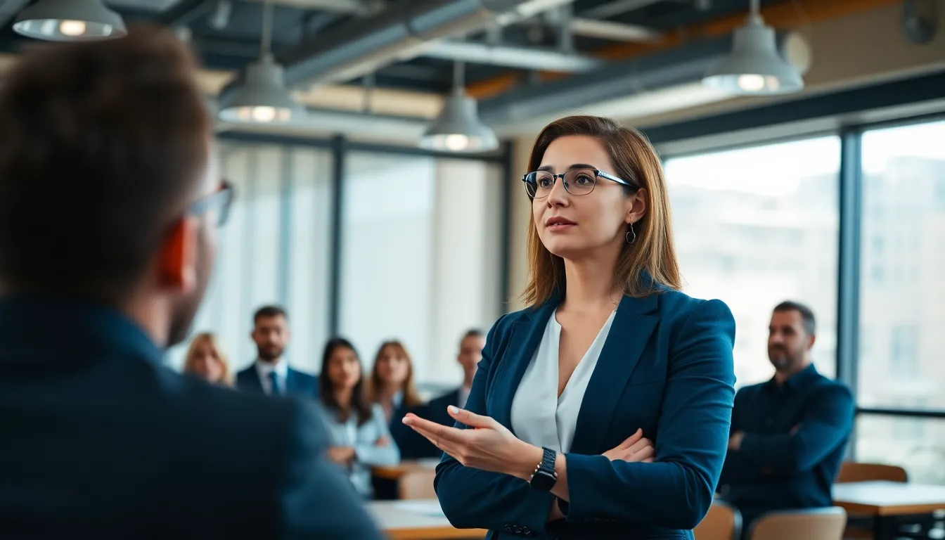 Business Pitch to Investors in Modern Conference Room A confident professional woman stands at the front of a sleek conference room, passionately delivering her pitch to an attentive audience of potential investors. Bright overhead lights and natural daylight filter in from large windows, creating an engaging atmosphere. Using a telephoto lens, the image maintains sharp focus on the presenter while the audience is beautifully blurred, emphasizing their keen interest. The color scheme of rich blues and warm wood tones enhances the sense of professionalism and modernity, perfectly capturing the startup spirit.