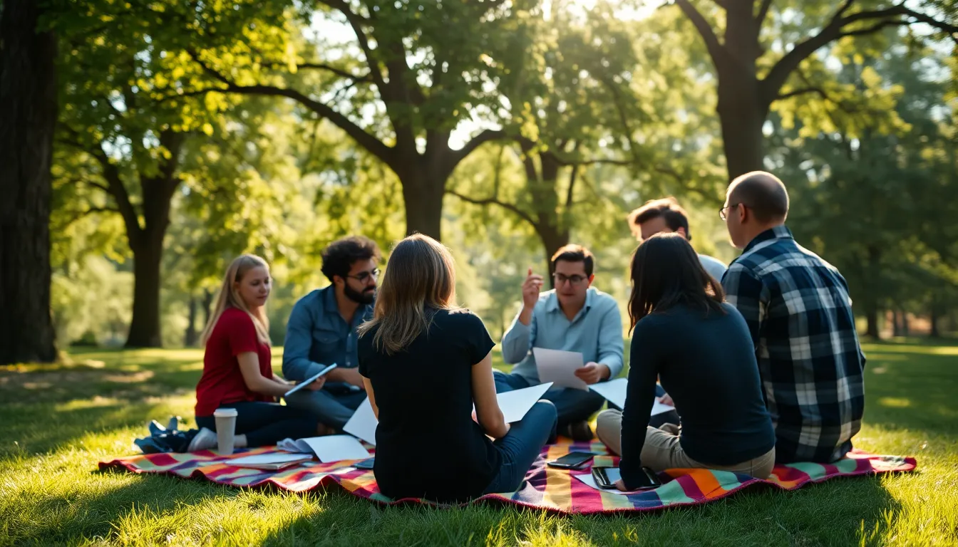 This lively image captures a startup team engaged in a creative brainstorming session beneath a lush tree canopy. Dappled sunlight filters through, creating a playful glow that highlights the energy of the moment. The vivid colors and soft focus draw attention to the collaboration, with printed ideas and devices scattered on a colorful picnic blanket. This outdoor setting provides a fresh perspective on teamwork, embodying the spirit of innovation.