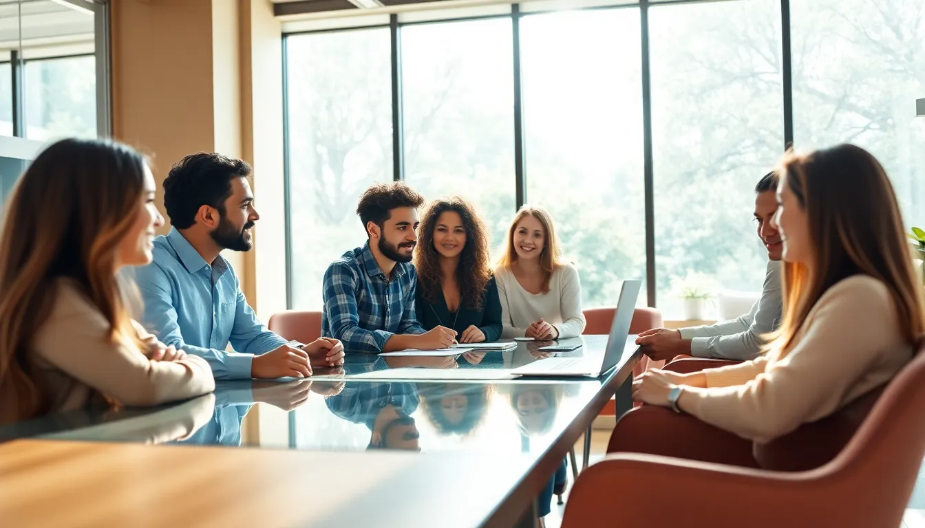 A vibrant startup meeting scene showcases a diverse team of young professionals engaged in brainstorming around a glass table. Natural daylight floods the room, creating an inviting atmosphere. The soft blues and greens enhance the modern aesthetic, while the composition draws attention to the collaboration. Highlighting polished wood and cozy fabric textures, this image embodies the energetic spirit of innovation.