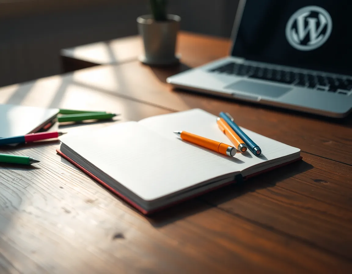 This macro shot showcases a startup's branding materials laid out on a textured wooden desk. Vibrant pens and an open notebook create a creative atmosphere that invites inspiration. Soft natural light highlights the surfaces, emphasizing the warmth and detail of the textures. The image encapsulates the essence of startup culture, focusing on the creative process and branding identity.