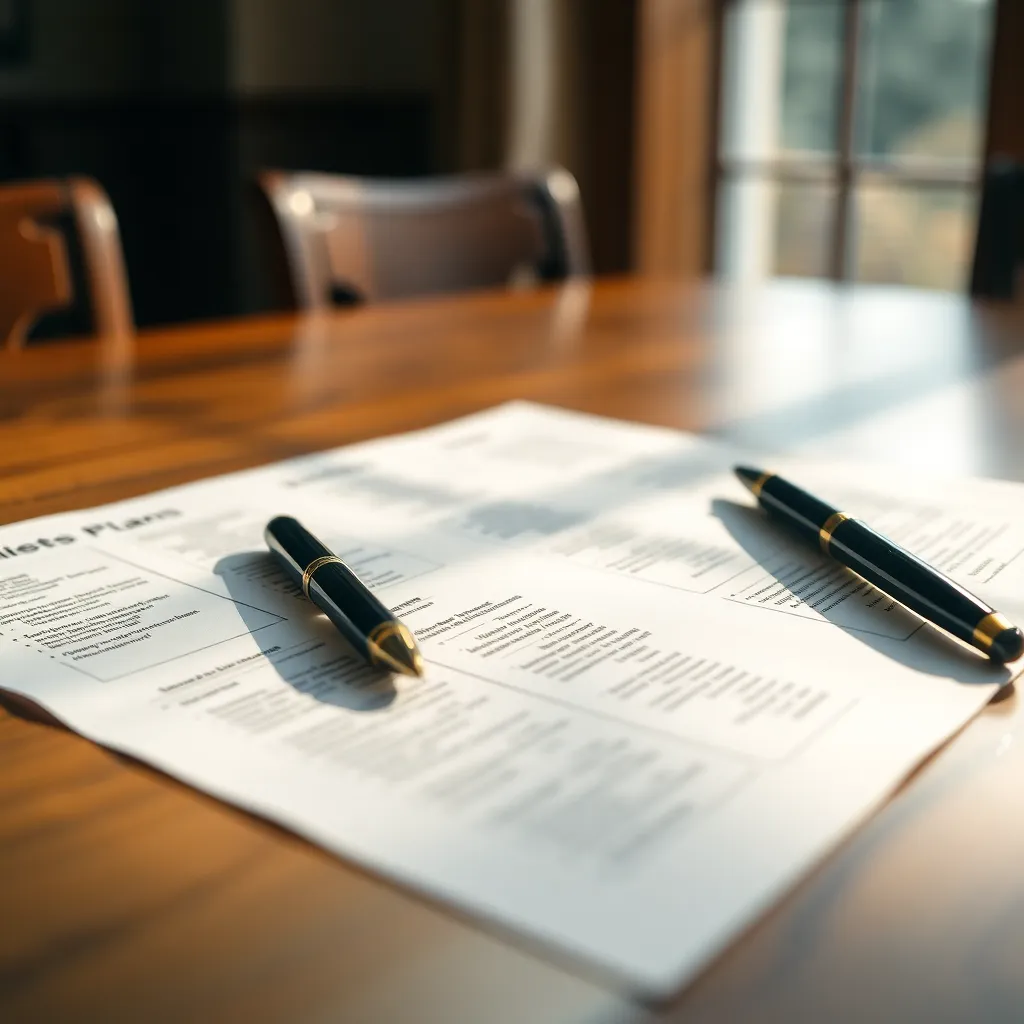 An elegant wooden table showcases a detailed business plan crafted on textured paper, highlighting the nuances of strategic thought. A fountain pen rests beside it, inviting the viewer to ponder the ideas presented. Soft natural light enhances the warm tones of the wood and paper, creating an intimate atmosphere of creativity and planning. This close-up photograph captures the essence of the entrepreneurial journey, emphasizing the importance of well-thought-out strategies in the startup landscape.