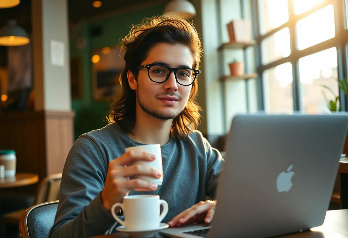 A young startup founder relaxing at a vibrant café during golden hour. The warm backlighting creates an inviting glow, highlighting the founder's focused expression and casual attire. With a laptop in front and a coffee cup nearby, the scene embodies the entrepreneurial spirit in a stylish, relaxed environment, perfect for creative thinking.