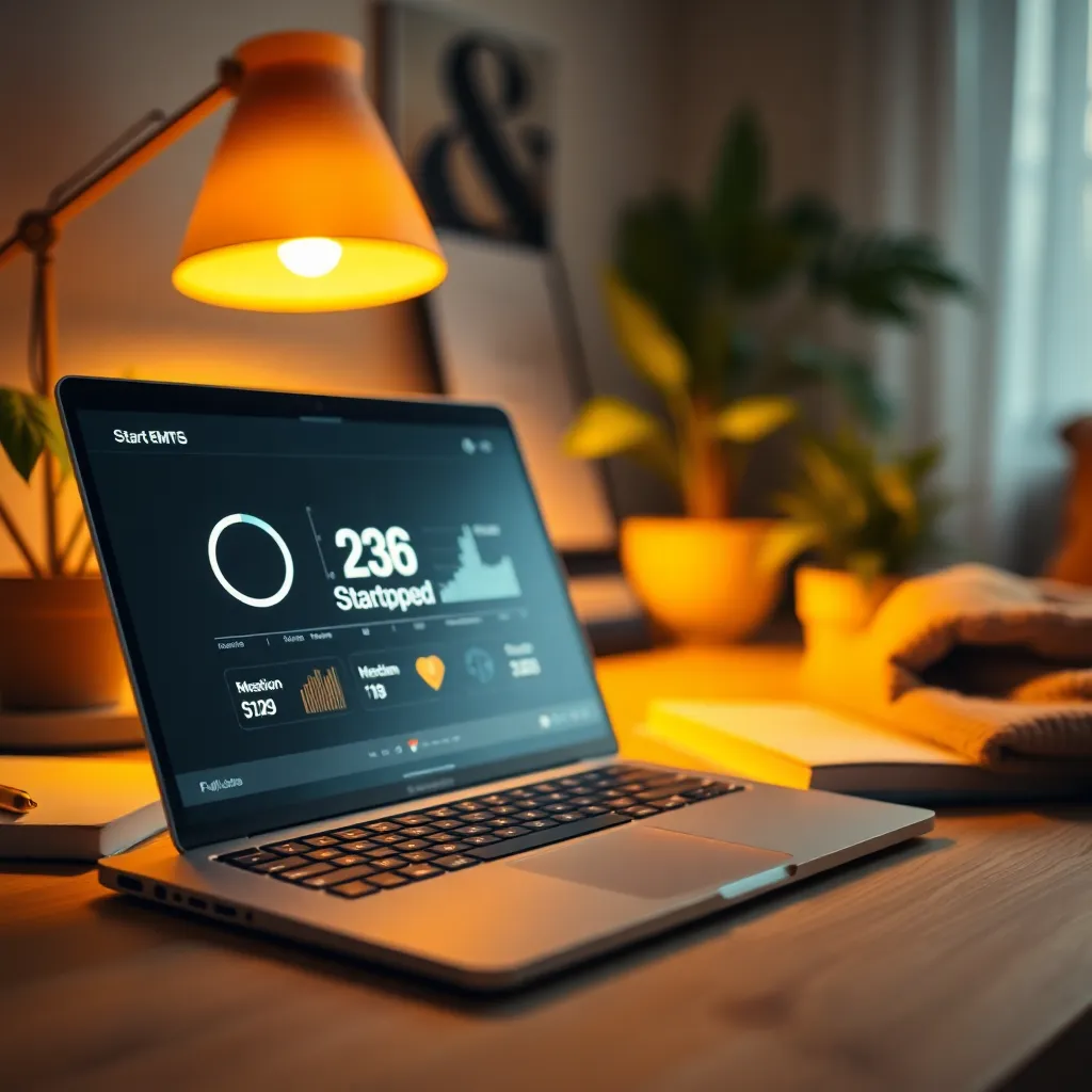 This intimate image captures a close-up view of a laptop displaying vital startup metrics, set in a warm and cozy home office environment. The soft glow from the tungsten desk lamp creates an inviting atmosphere, perfect for focused work. The shallow depth of field emphasizes the laptop while blurring the surrounding elements, enhancing the sense of productivity. The warm color palette and detailed textures contribute to an engaging workspace vibe.