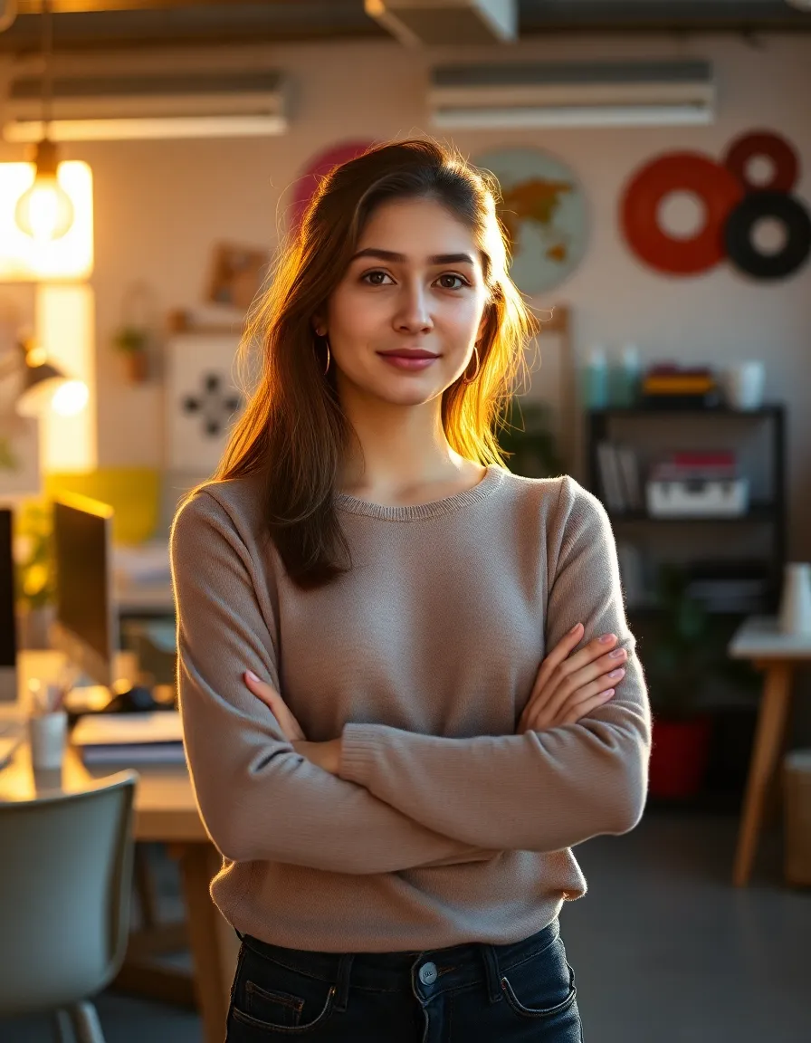 A confident young woman stands with arms crossed in a vibrant startup workspace, illuminated by warm golden hour backlighting. The scene embodies empowerment and innovation, enhanced by the warm, inviting tones reminiscent of Kodak Portra 400 film. The shallow depth of field beautifully separates her from the background filled with creative tools and decorations, capturing a moment of inspiration and focus within the lively atmosphere. The soft texture of her clothing adds to the overall feeling of comfort and creativity.