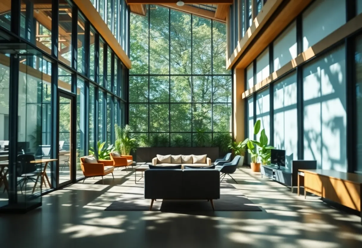 A stunning architectural shot of a modern coworking space that combines glass and wood accents to create an inviting atmosphere. Dappled sunlight filters through tall windows, illuminating the friendly design and inviting layout. Indoor plants provide natural pops of color against a muted palette, enhancing the sense of connection with nature. This image encapsulates the essence of collaboration and innovation in a contemporary work environment.