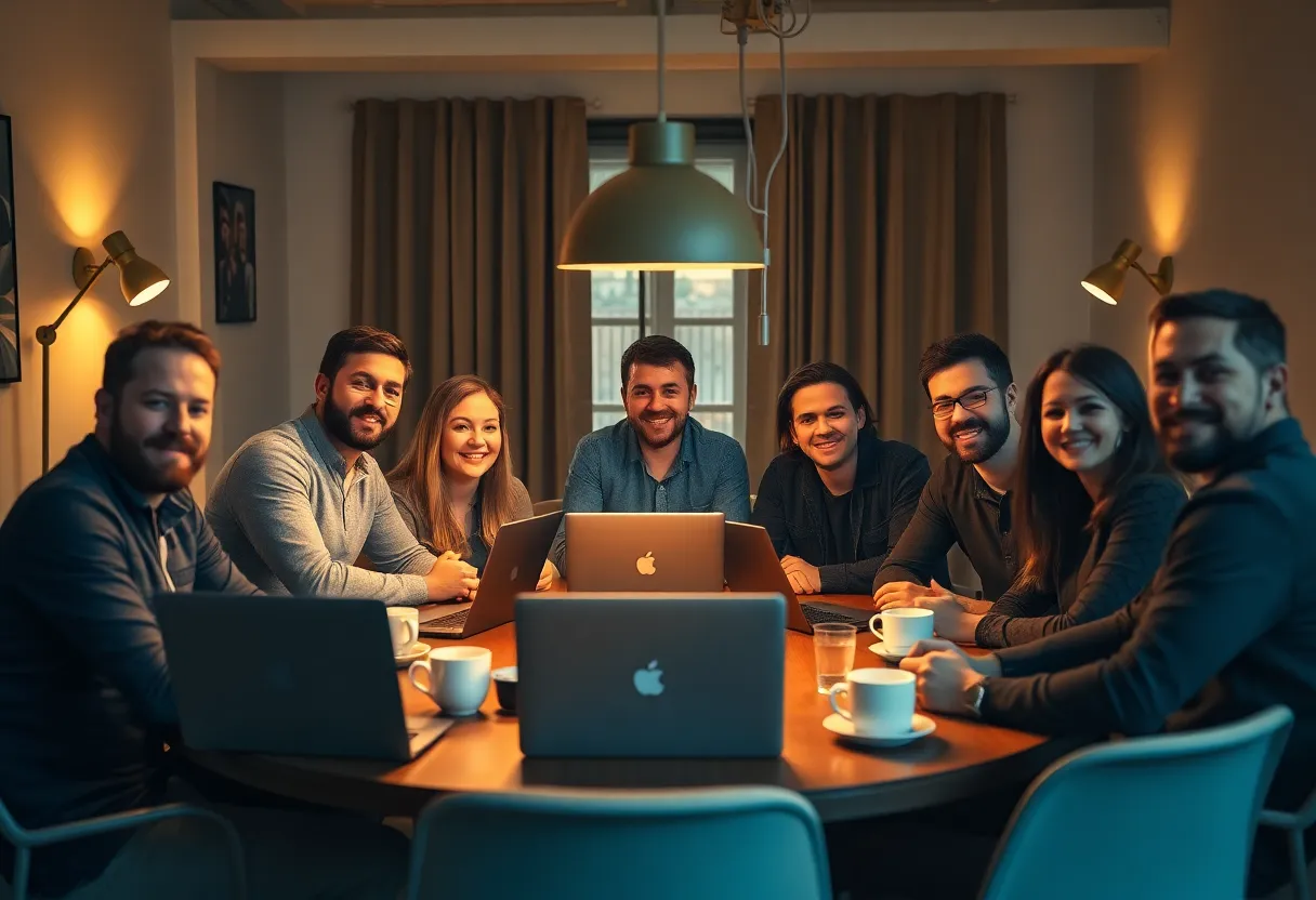 In a cozy and inviting meeting space, a diverse group of startup founders engages in vibrant discussions around a circular table. Laptops and coffee cups add to the atmosphere of productivity and collaboration, while warm lighting from tungsten lamps enhances the intimate setting. The image captures the essence of creativity and teamwork, highlighting the shared vision of the founders as they brainstorm ideas. This photograph portrays the dynamic spirit of startups, where diverse minds come together to innovate.