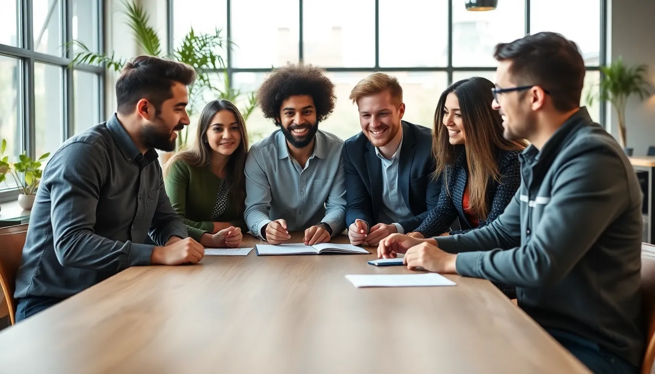 This image captures a vibrant scene of diverse entrepreneurs engaged in a lively discussion within a contemporary coworking space. The warm natural light enhances their expressions of enthusiasm while highlighting the sleek wooden table surrounded by indoor plants. The composition focuses on the collaborative spirit of the group, showcasing their creativity and professionalism in a modern setting. This image embodies the energy and dynamism of startup culture.