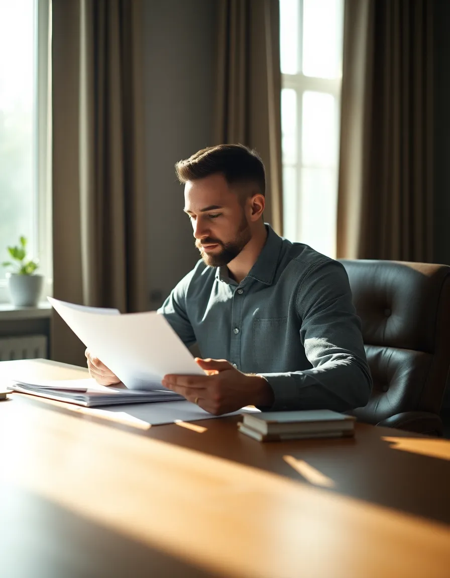 An entrepreneur absorbed in reviewing business plans in a softly lit office corner. The natural light creates a serene atmosphere, enhancing focus on their thoughtful expression. The composition highlights the balance between work and creativity, showcasing a calm yet productive environment suitable for startup development.