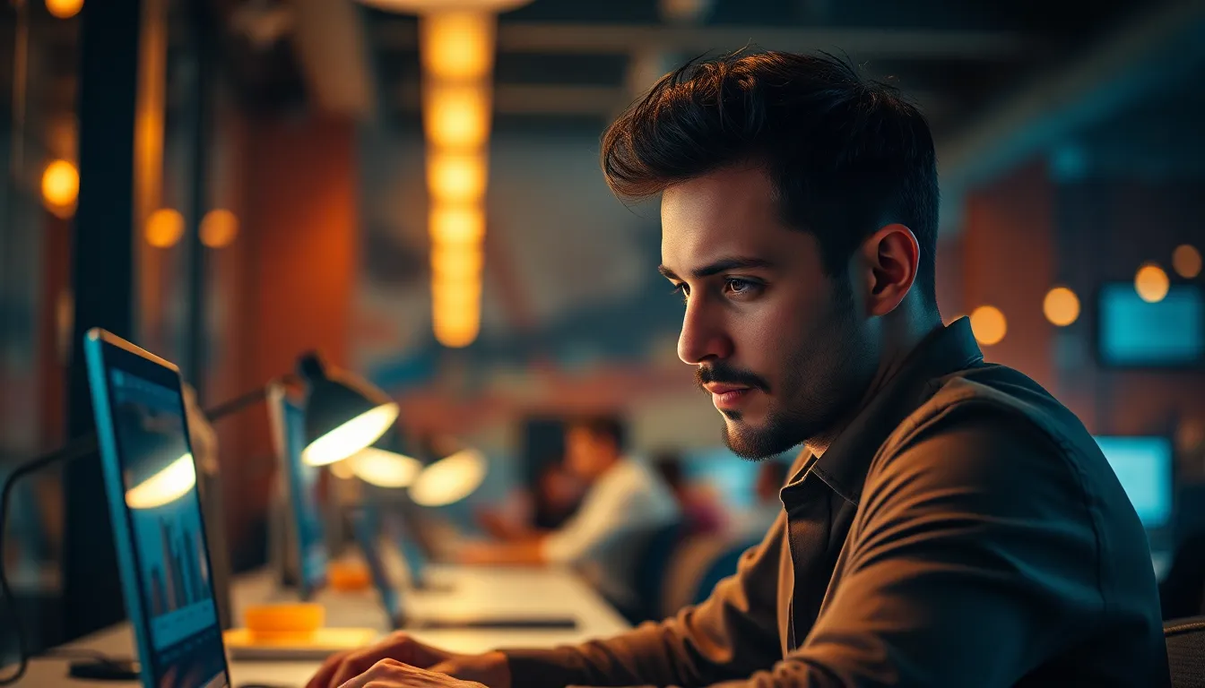 Late Night Entrepreneur in Co-working Space A dedicated entrepreneur is captured working late at night in a dimly lit co-working space, illuminated by the warm glow of table lamps. The image focuses sharply on the entrepreneur's determined expression, while the background is softly blurred, creating an intimate atmosphere. The cinematic teal and orange color palette adds depth and focus to the scene, reflecting a vibrant and innovative startup culture. This image perfectly embodies the dedication and creativity often associated with entrepreneurship in a modern workspace.