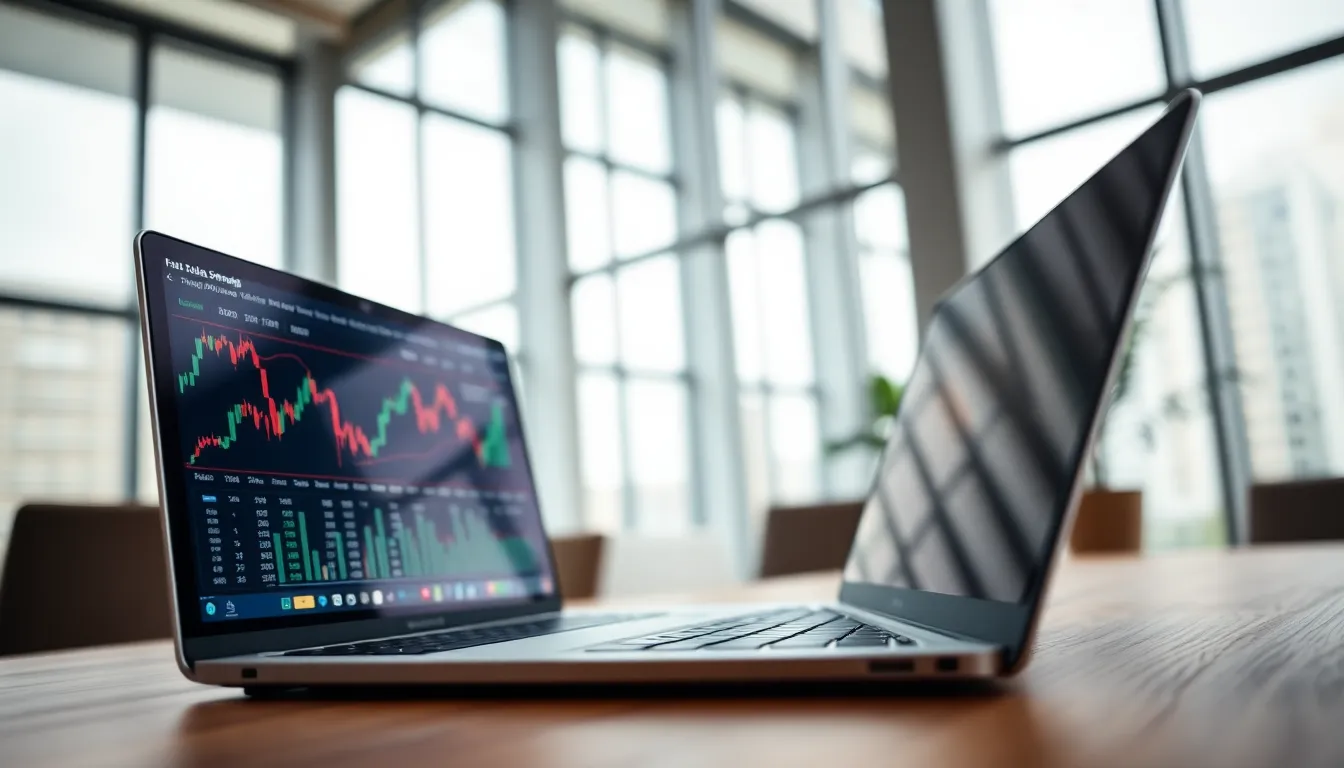 A sleek laptop displays vibrant stock market graphs, set against a modern office backdrop. The overcast daylight streams softly through large windows, creating a calm and focused atmosphere. The shallow depth of field draws attention to the intricate details on the laptop screen while keeping the background elegantly blurred. Warm wooden desk surfaces enhance the professional ambiance, complemented by muted earth tones that evoke a sense of stability and thoughtfulness.