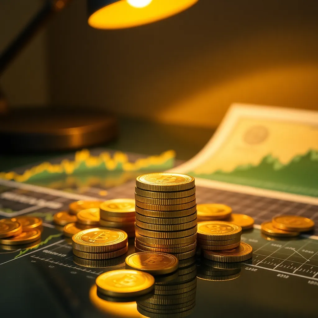 An elegant arrangement highlighting wealth in finance, showcasing a stack of gold coins positioned next to stock market index graphs on a reflective glass surface. The warm glow of a tungsten lamp bathes the scene in a luxurious light, emphasizing the rich gold hues and deep greens of the graphs. Leading lines guide the viewer's gaze to the coins, signifying investment opportunity. The intricate reflections and textures further elevate the visual impact of this composition.