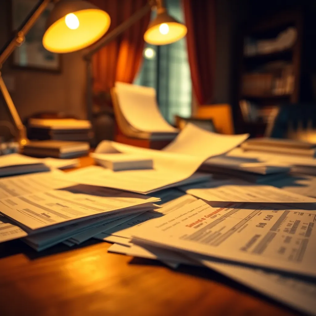 An intricate macro shot of stock market financial papers strewn across a wooden desk illuminated by warm tungsten light. The directional lighting highlights the rich wood grain and the crisp details of the papers, creating an intense focus. With a tight depth of field, the blurred edges emphasize the chaos of daily financial activities, rich in texture and color.