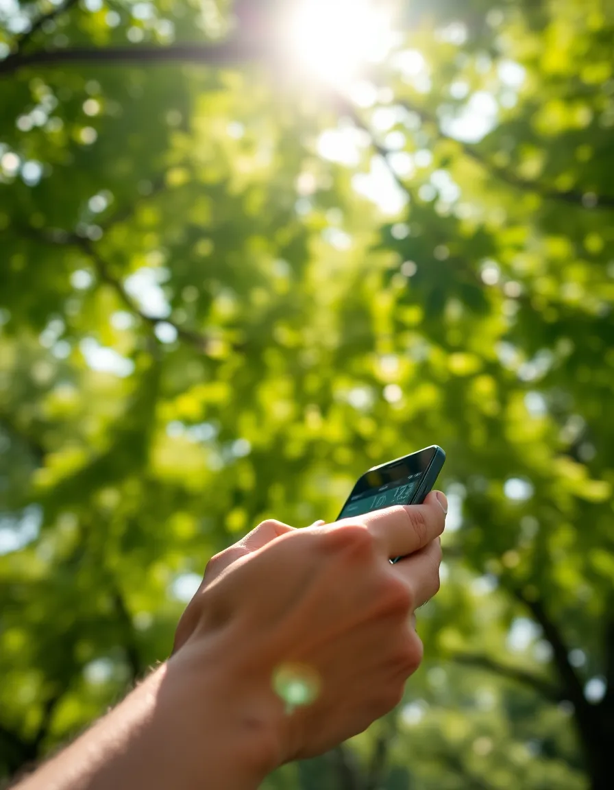 A person is immersed in tracking stock prices on their smartphone, surrounded by the serene beauty of nature. Sunlight filters through the lush leaves above, casting a soft, dappled pattern around them. The shallow depth of field brings sharp focus to the phone screen while the background melts into creamy bokeh, creating an inviting and tranquil mood. The natural color palette captures the essence of a peaceful afternoon in the park, blending finance with relaxation.