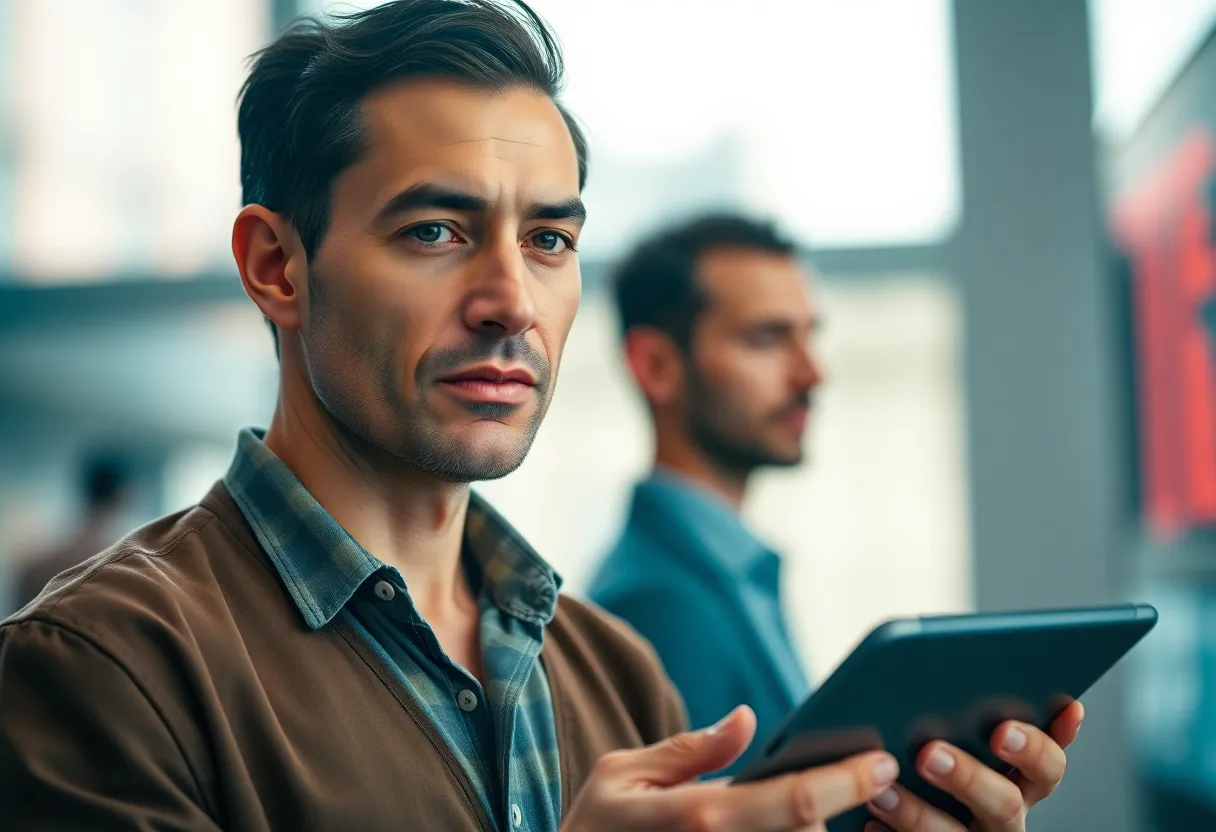 A confident stock trader stands in a modern studio, holding a tablet displaying market information. The soft lighting highlights their features, emphasizing natural skin texture and authenticity. With a cinematic teal and orange grading, the image conveys a serious tone as they engage with financial data. The composition aligns with the rule of thirds, emphasizing the trader's authority and engagement in the fast-paced world of finance.